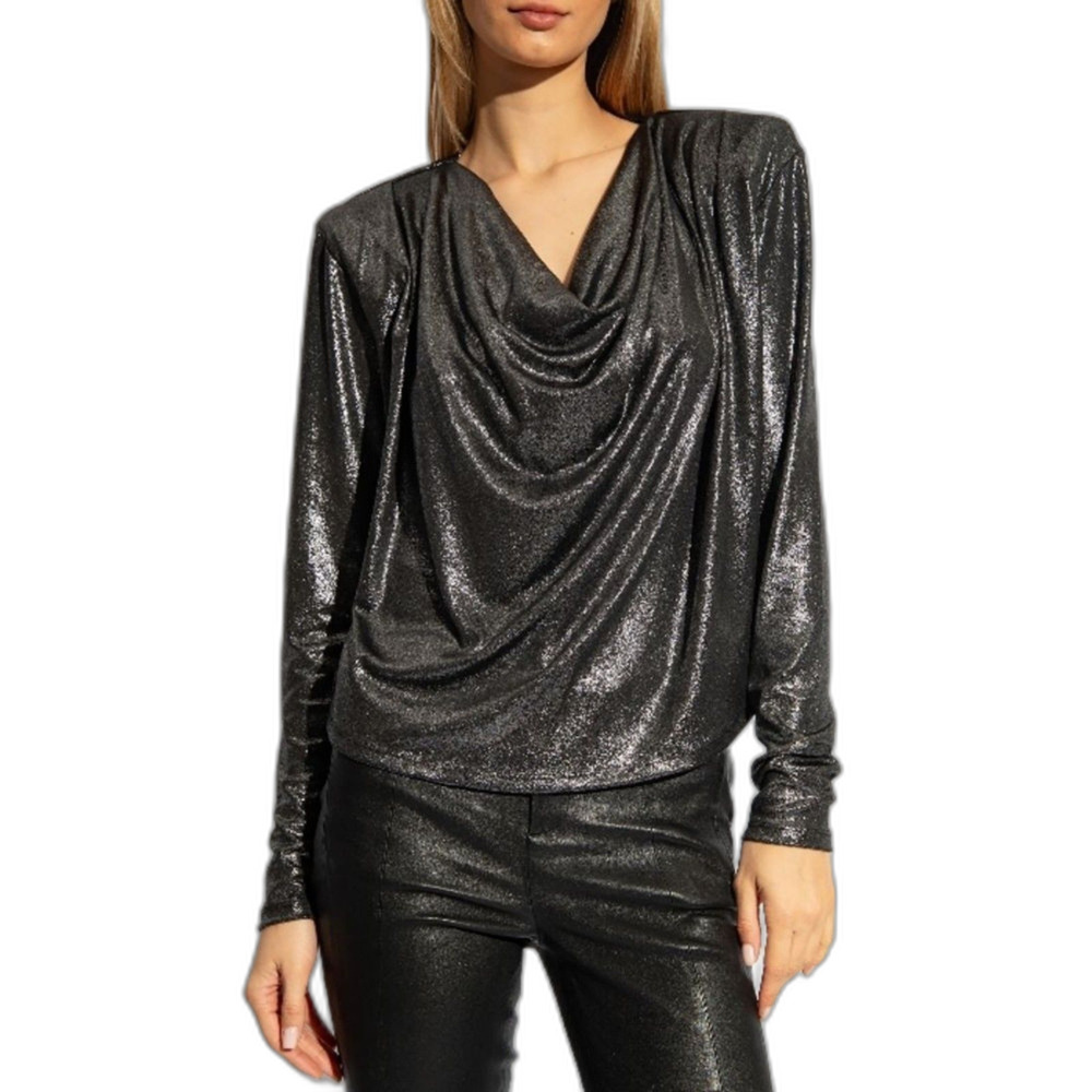 Anne Klein Drape Neck Long Sleeve Metallic Look Blouse Black Women's Large NWT